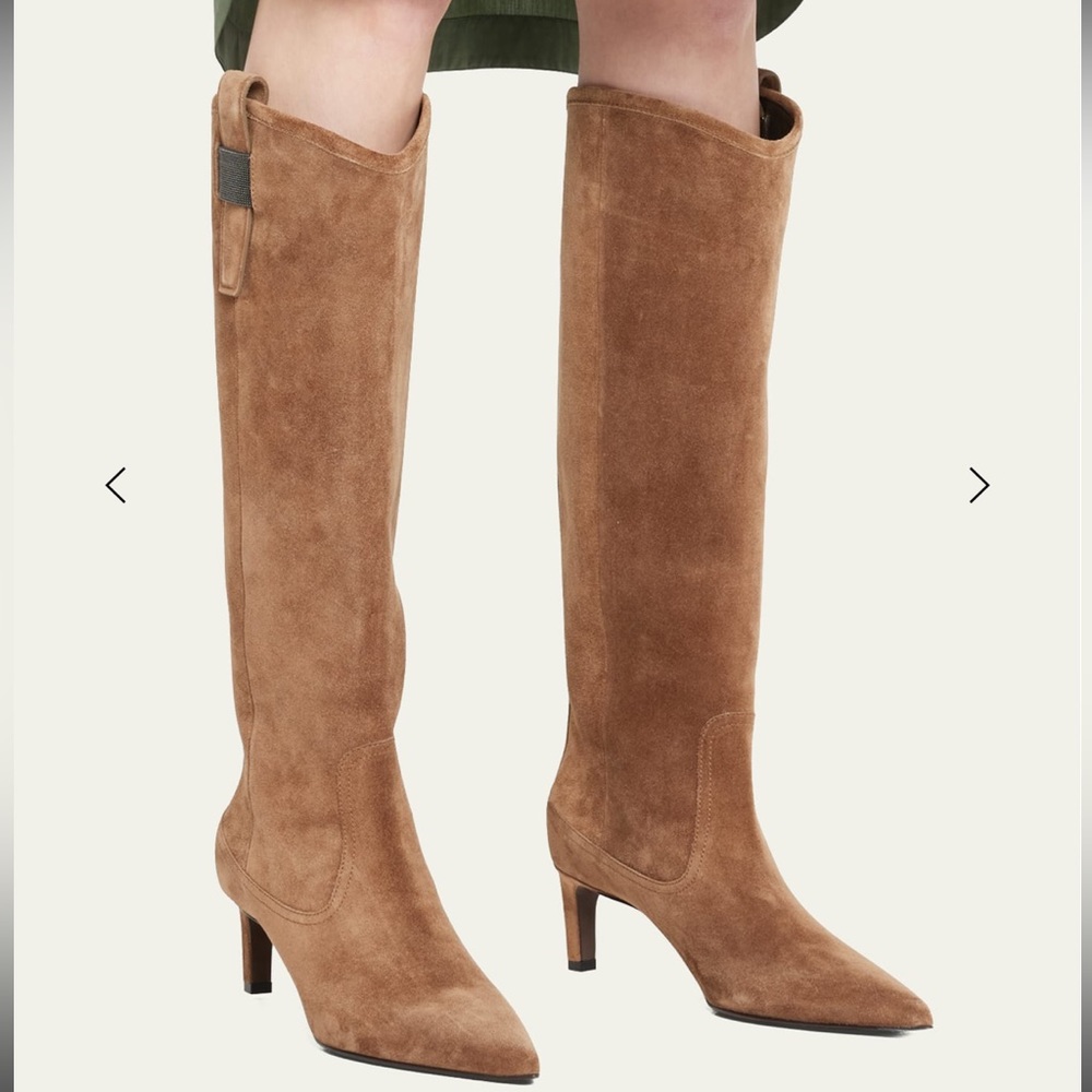 BRUNELLO CUCINELLI
Suede Monili Stiletto Riding Boots